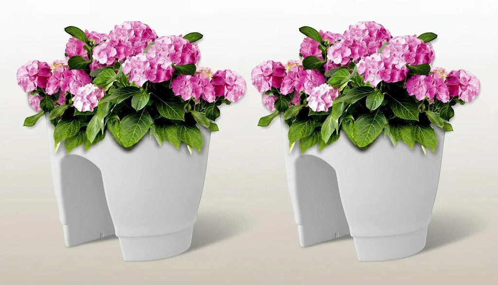 GoHooked white plastic railing planters (12 inch, set of 2) with pink hydrangeas