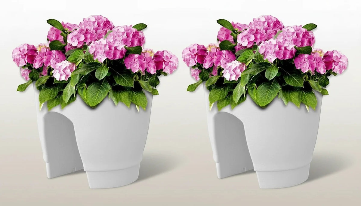 GoHooked white plastic railing planters (12 inch, set of 2) with pink hydrangeas