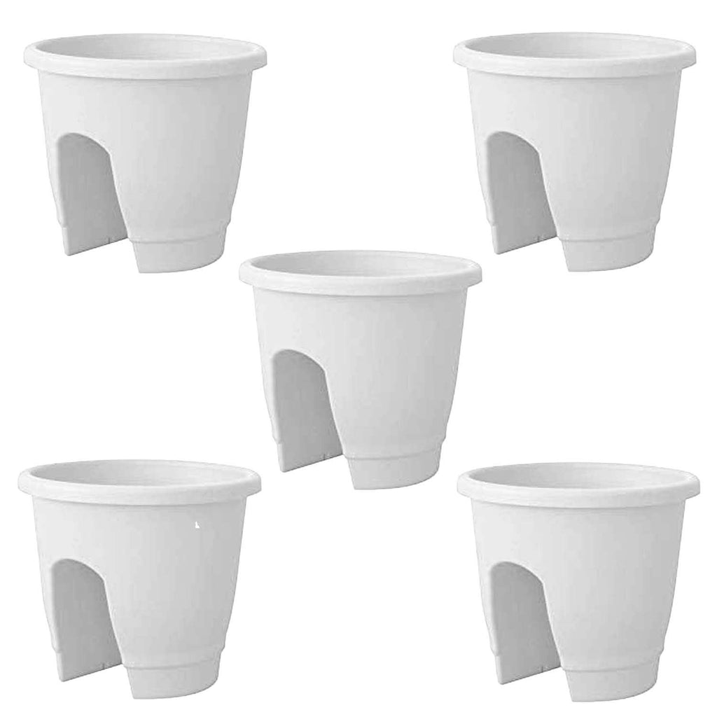 GoHooked white plastic 12-inch railing pots and planters, set of 5, ideal for balconies and herbs.