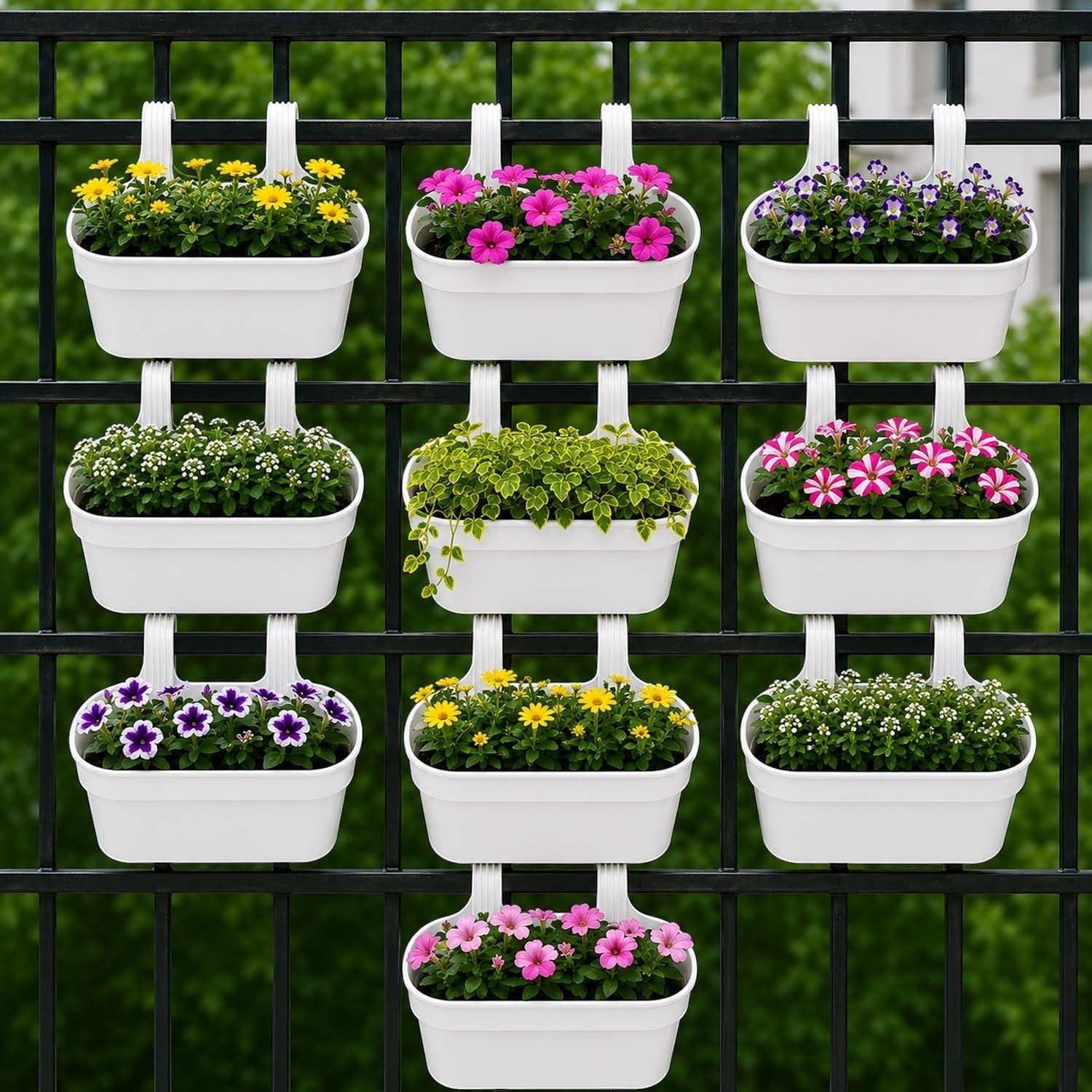 GoHooked white plastic railing hanging planters with colorful flowers and green foliage. Set of 10.