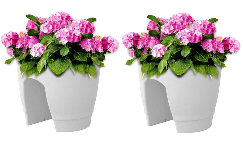 GoHooked white plastic railing planters (12 inch, set of 2) with pink hydrangeas