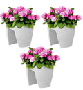 GoHooked white plastic 12-inch railing planters with pink hydrangeas, set of 3. Perfect for balconies.