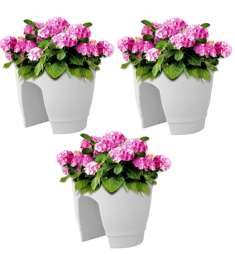 GoHooked white plastic 12-inch railing planters with pink hydrangeas, set of 3. Perfect for balconies.