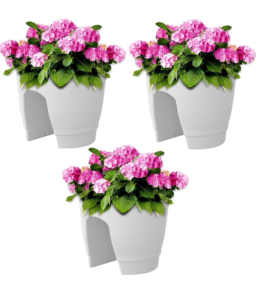 GoHooked white plastic 12-inch railing planters with pink hydrangeas, set of 3. Lightweight and UV resistant.