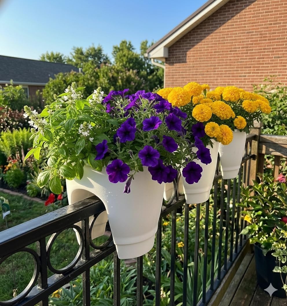 GoHooked white plastic railing planters with purple petunias, green basil, and yellow marigolds on a black metal railing.