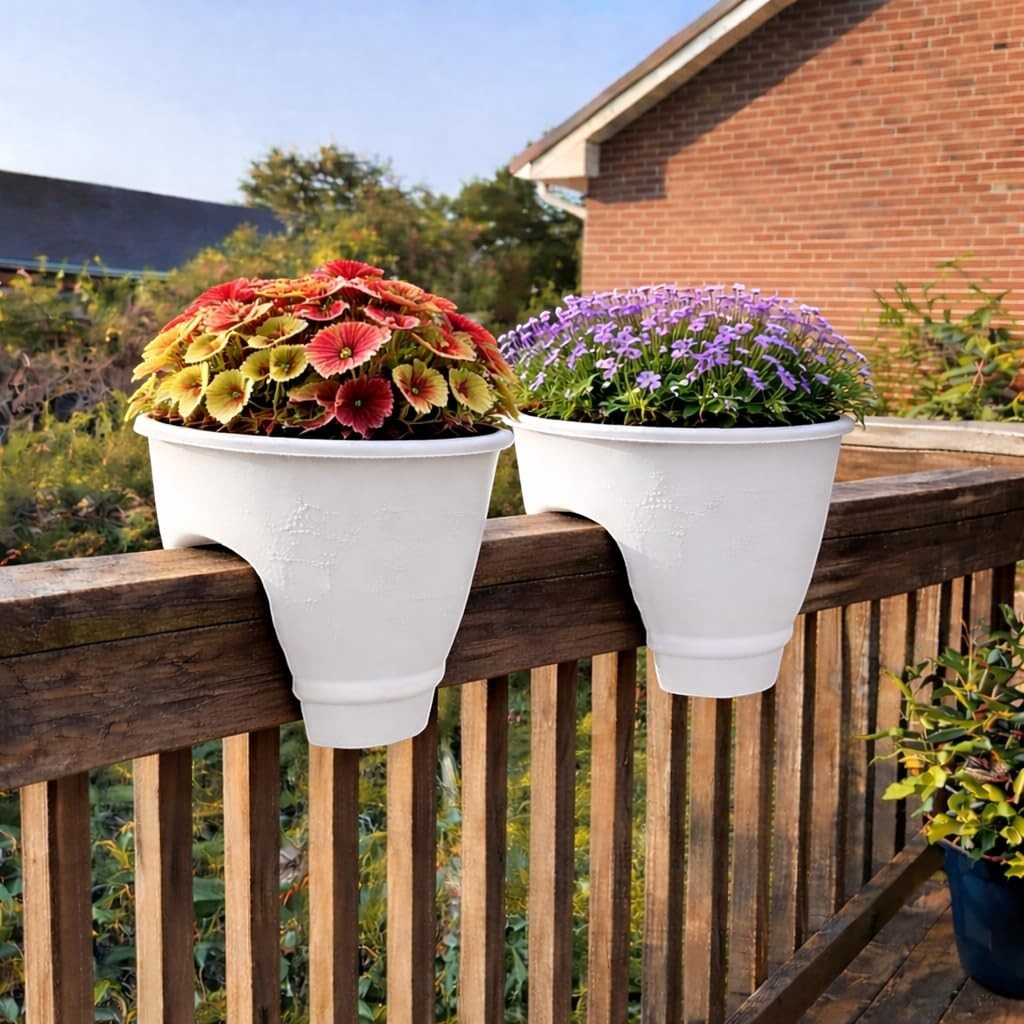 GoHooked white plastic railing pots, 12 inch, set of 5, perfect for balconies and railings.