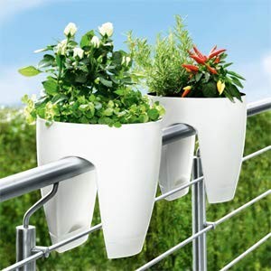 GoHooked white plastic railing pots, 12 inch, set of 5, for balcony plants and herbs.