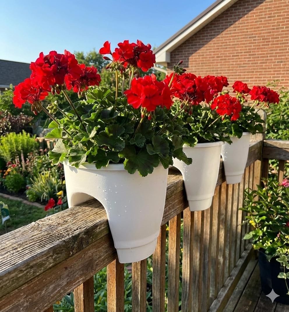 GoHooked white plastic railing pots with red geraniums, 12-inch size, perfect for balconies and outdoor decor.