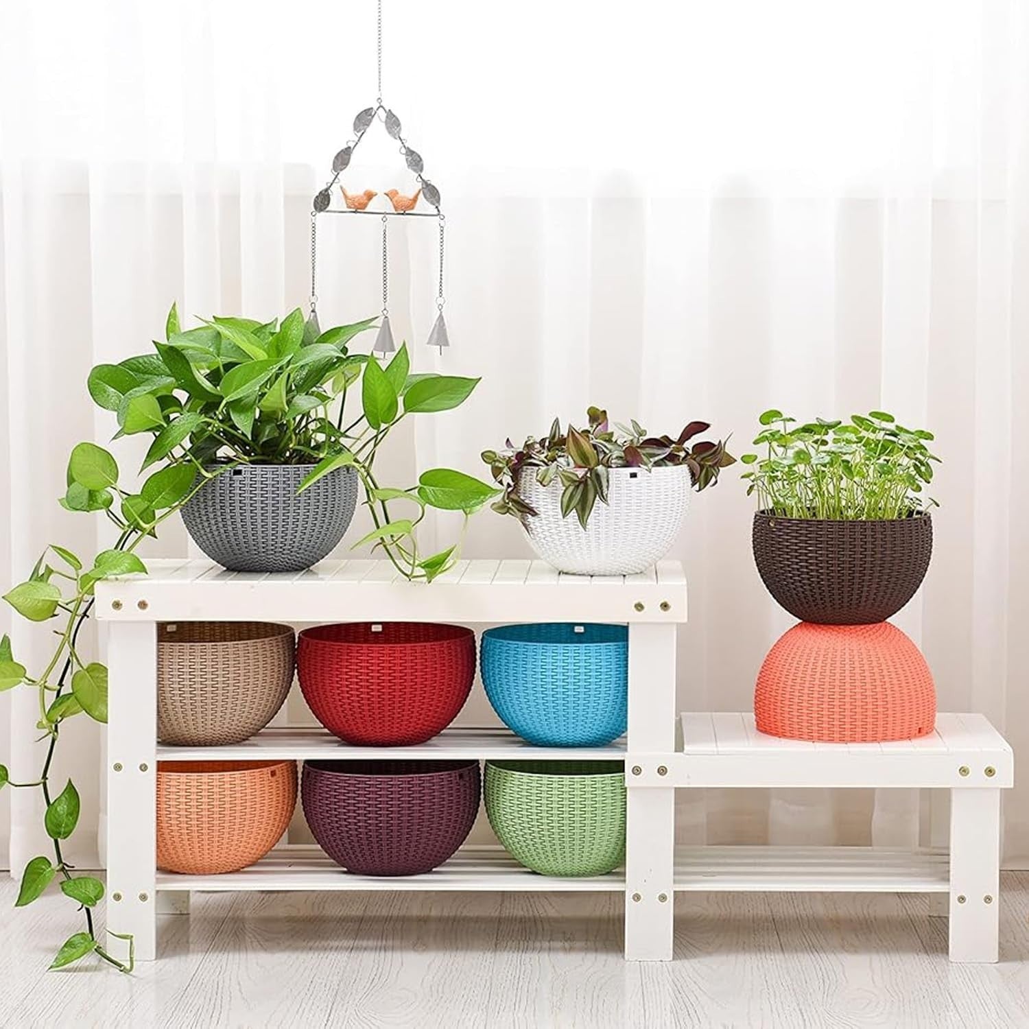 GoHooked white plastic rattan hanging planter with metal chain, 7.1 inch diameter, set of 7.