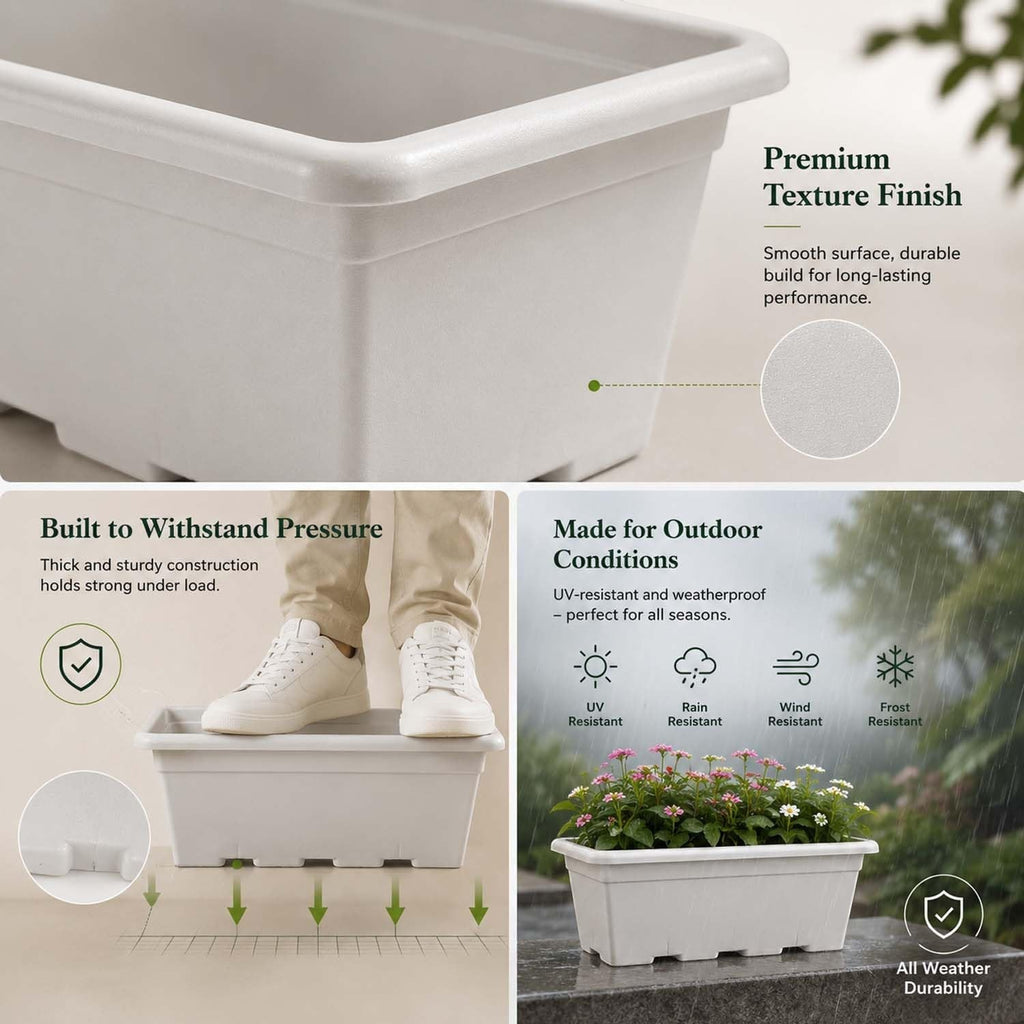 GoHooked white plastic rectangular window planter pot, 20 inch, pack of 5. Ideal for indoor/outdoor use.