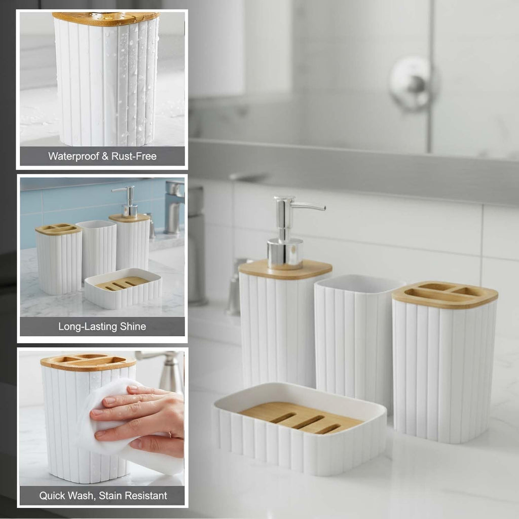 Go Hooked white plastic ribbed bathroom accessory set with soap dispenser, tumbler, toothbrush holder, and soap dish.