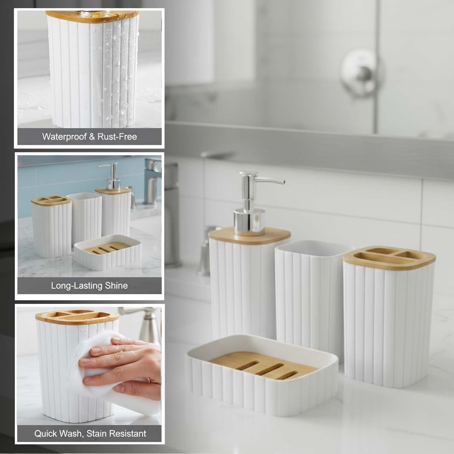 Go Hooked white plastic ribbed bathroom accessory set with soap dispenser, tumbler, toothbrush holder, and soap dish.