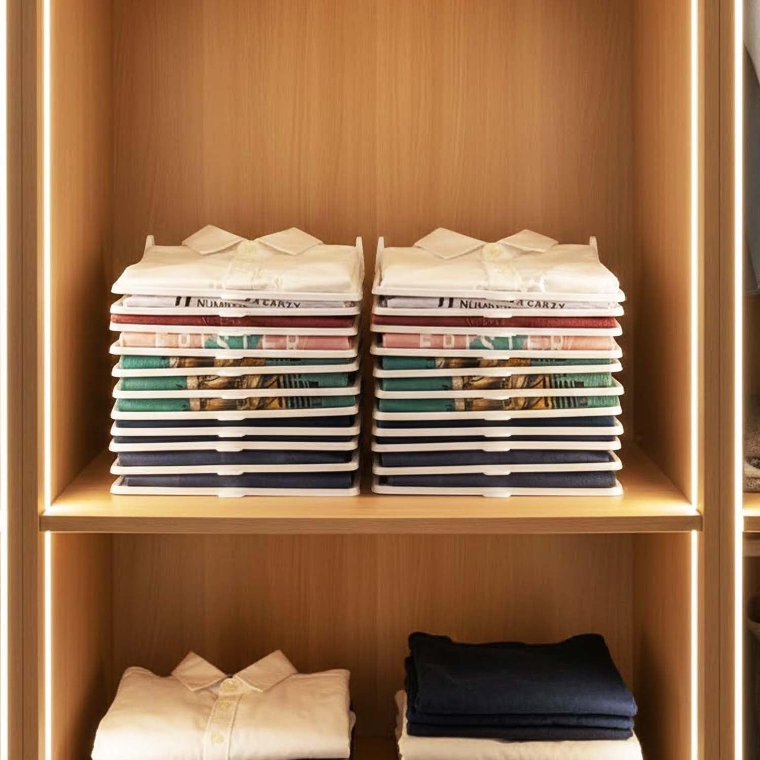 GoHooked white plastic stackable shirt organizers, pack of 20, for closet and drawer storage. Each tray holds one garment.
