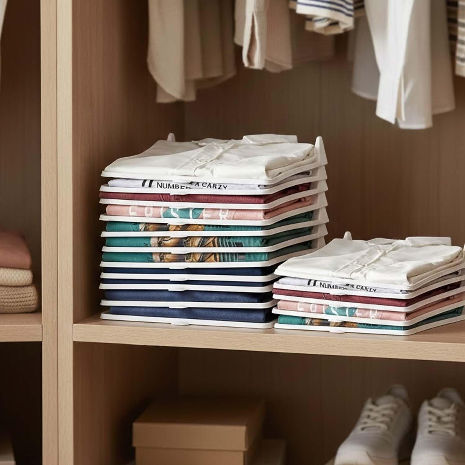 GoHooked white plastic stackable shirt organizers neatly storing folded clothes in a closet.
