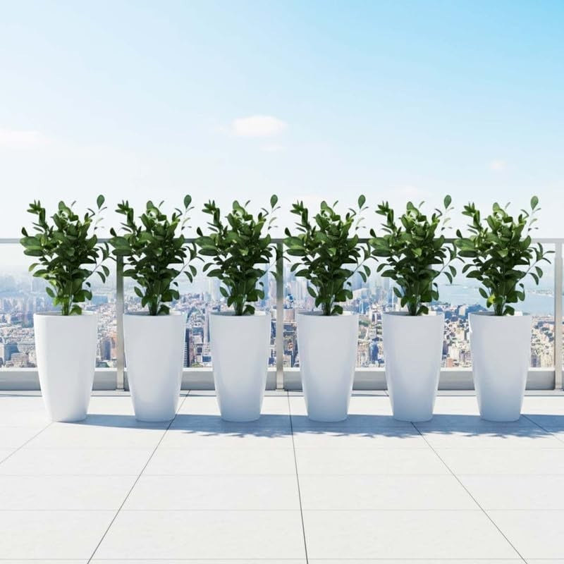GoHooked pack of 6 white plastic tall floor planters, 14 inch, for indoor/outdoor plants, modern home decor.
