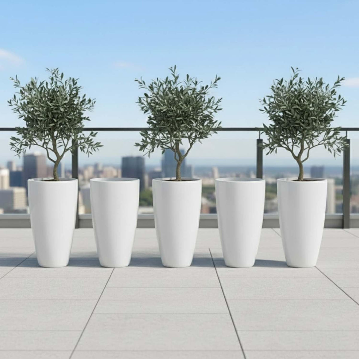 GoHooked white modern plastic tower planters with saucers, 18 inch, pack of 3. Perfect for indoor/outdoor use.