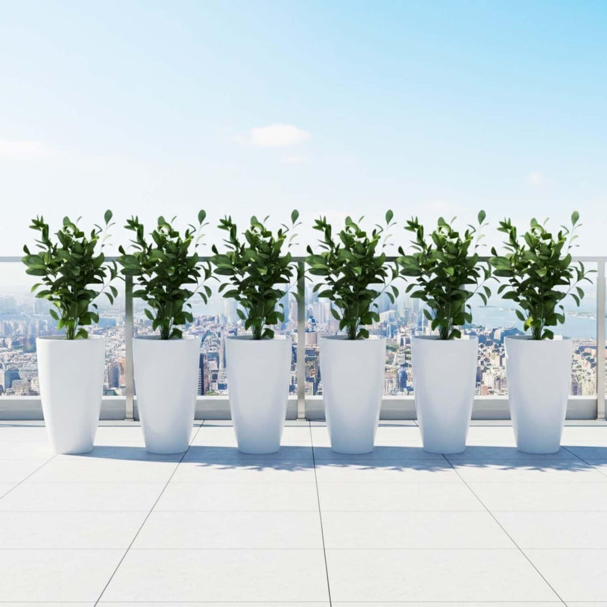 GoHooked pack of 3 white modern plastic tower pots with saucers, 18 inch, lightweight, UV resistant, for indoor/outdoor use.