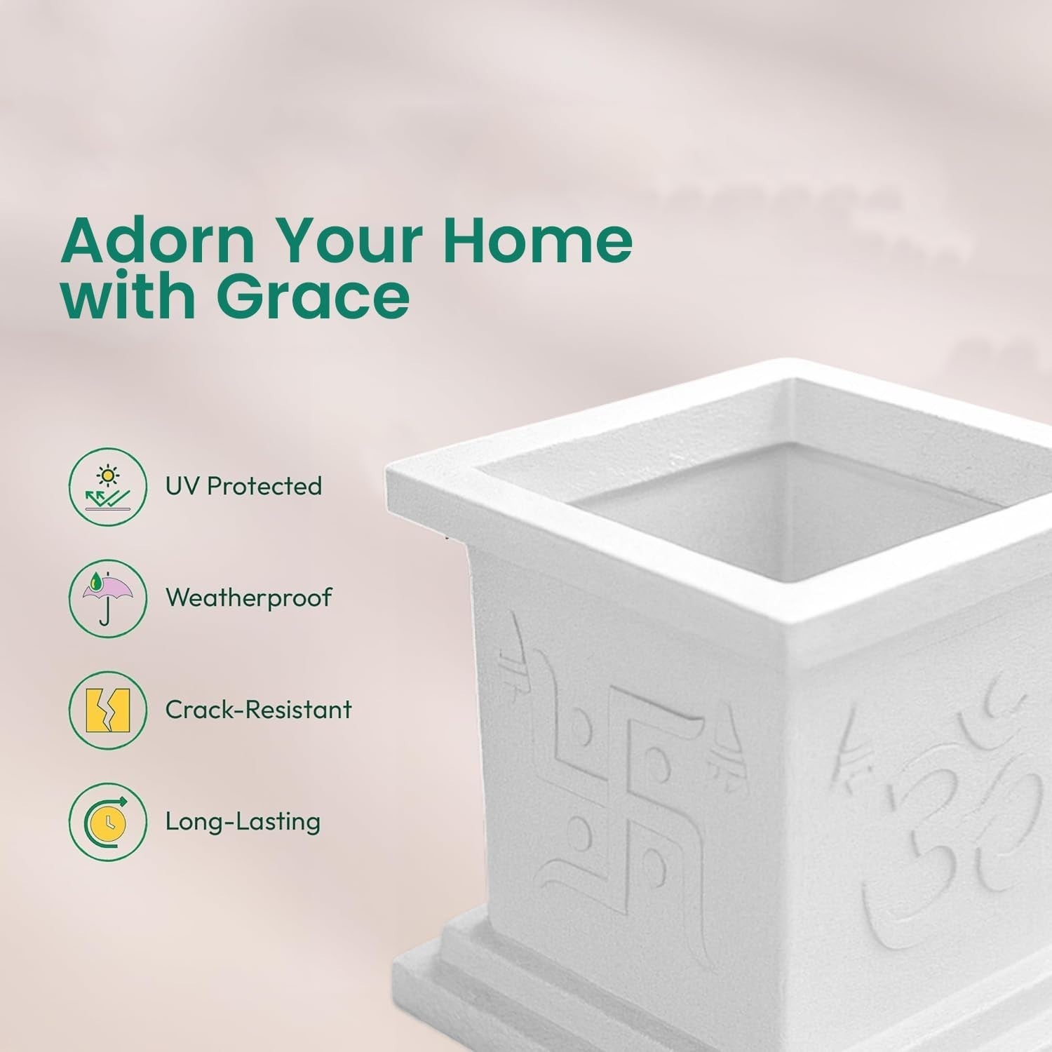 GoHooked white traditional square plastic Tulsi pot planter with Om and Swastik design, UV protected, weatherproof.