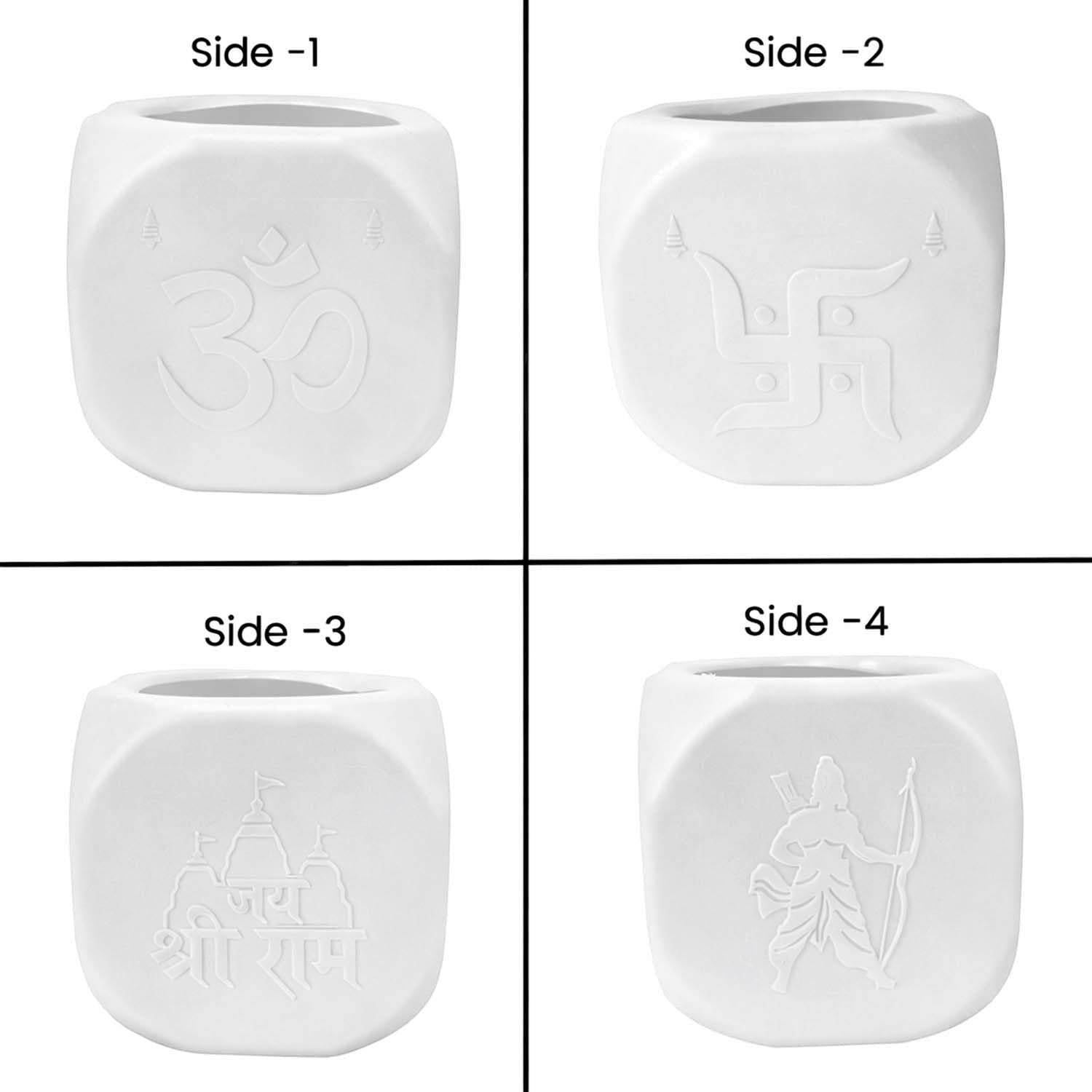 GoHooked white plastic square Tulsi pot with Om, Swastika, temple, and Lord Rama designs. Lightweight and durable.