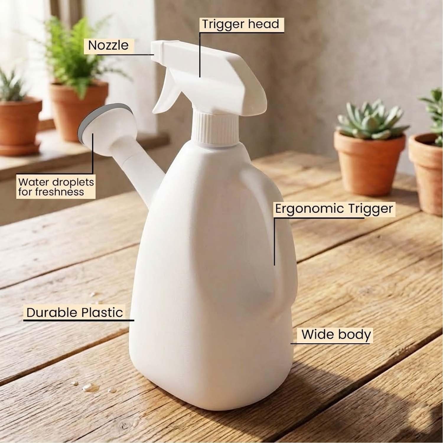 GoHooked white plastic 1-litre watering can with spray bottle nozzle and ergonomic handle for indoor plants.