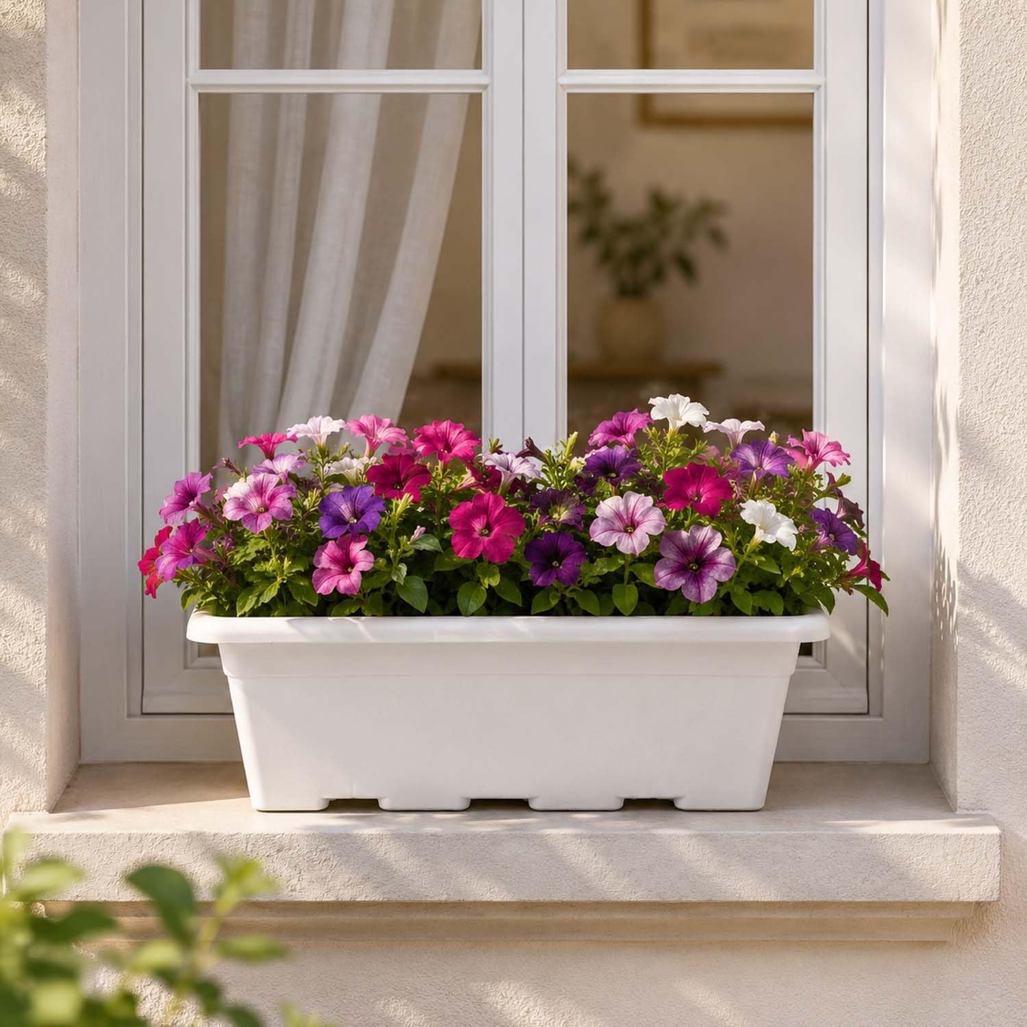 GoHooked white plastic rectangular window planter pot filled with colorful petunias on a windowsill.