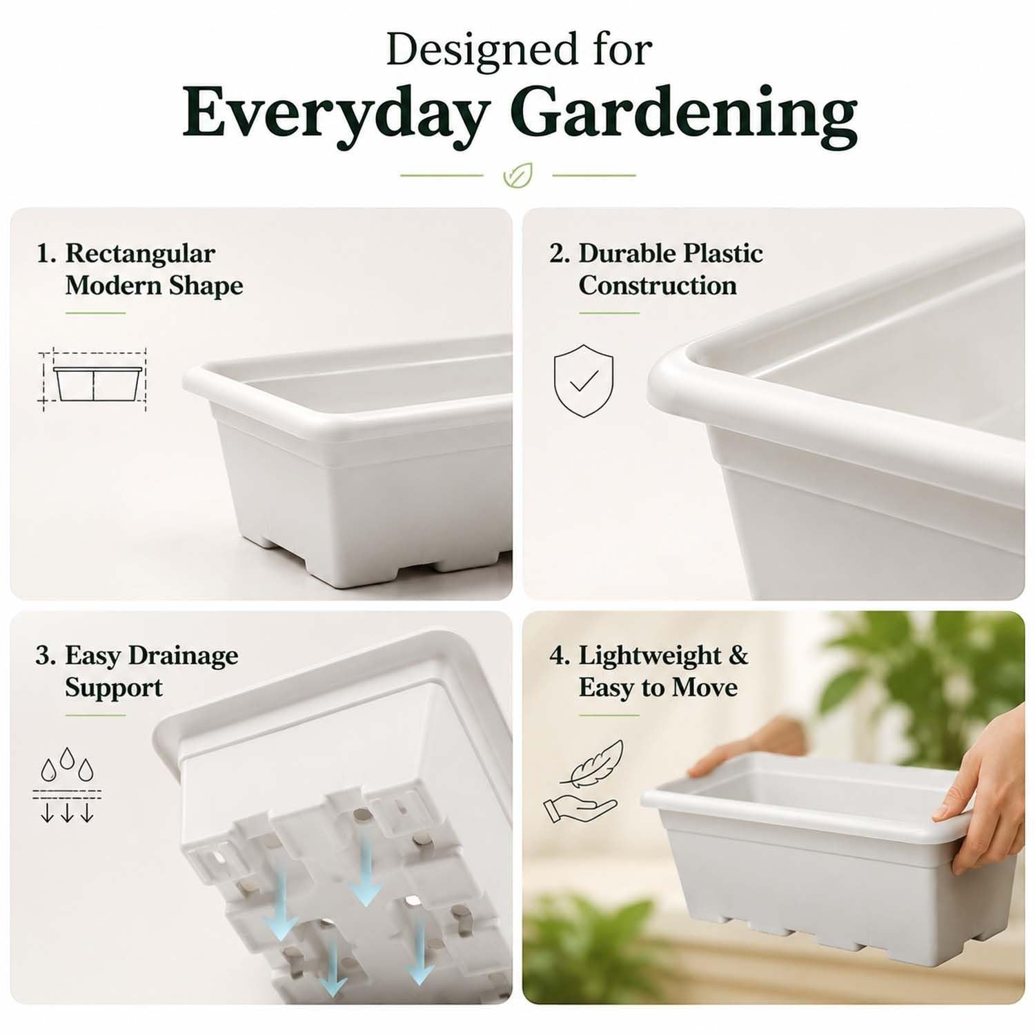 GoHooked Jupiter 20-inch white plastic rectangular window planter pot, pack of 3. Features durable construction, drainage support, and lightweight design.