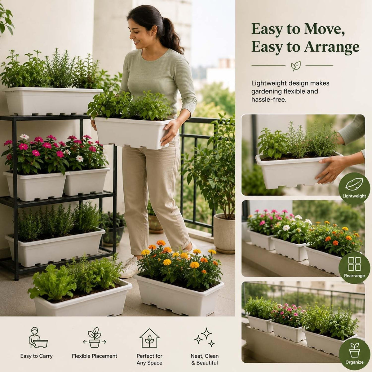 GoHooked white plastic rectangular window planter pot, 20 inch, pack of 5. Ideal for indoor/outdoor plants.