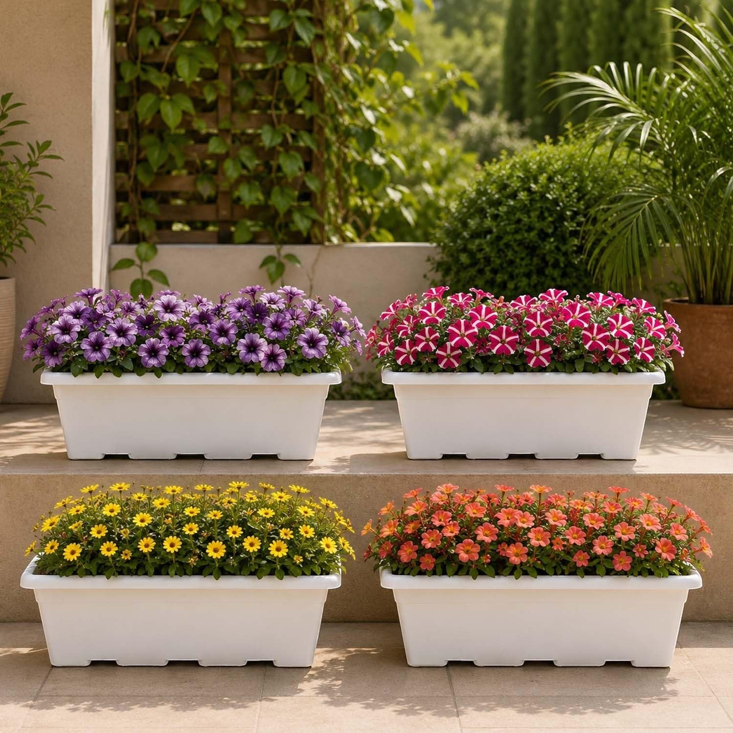 GoHooked white plastic rectangular window planter pots filled with purple, pink, yellow, and orange flowers. Pack of 4.