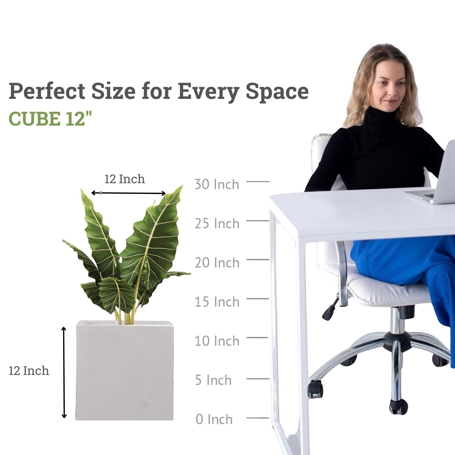 GoHooked 12-inch white polymer cube planter with a large green plant, perfect for modern home or office decor.