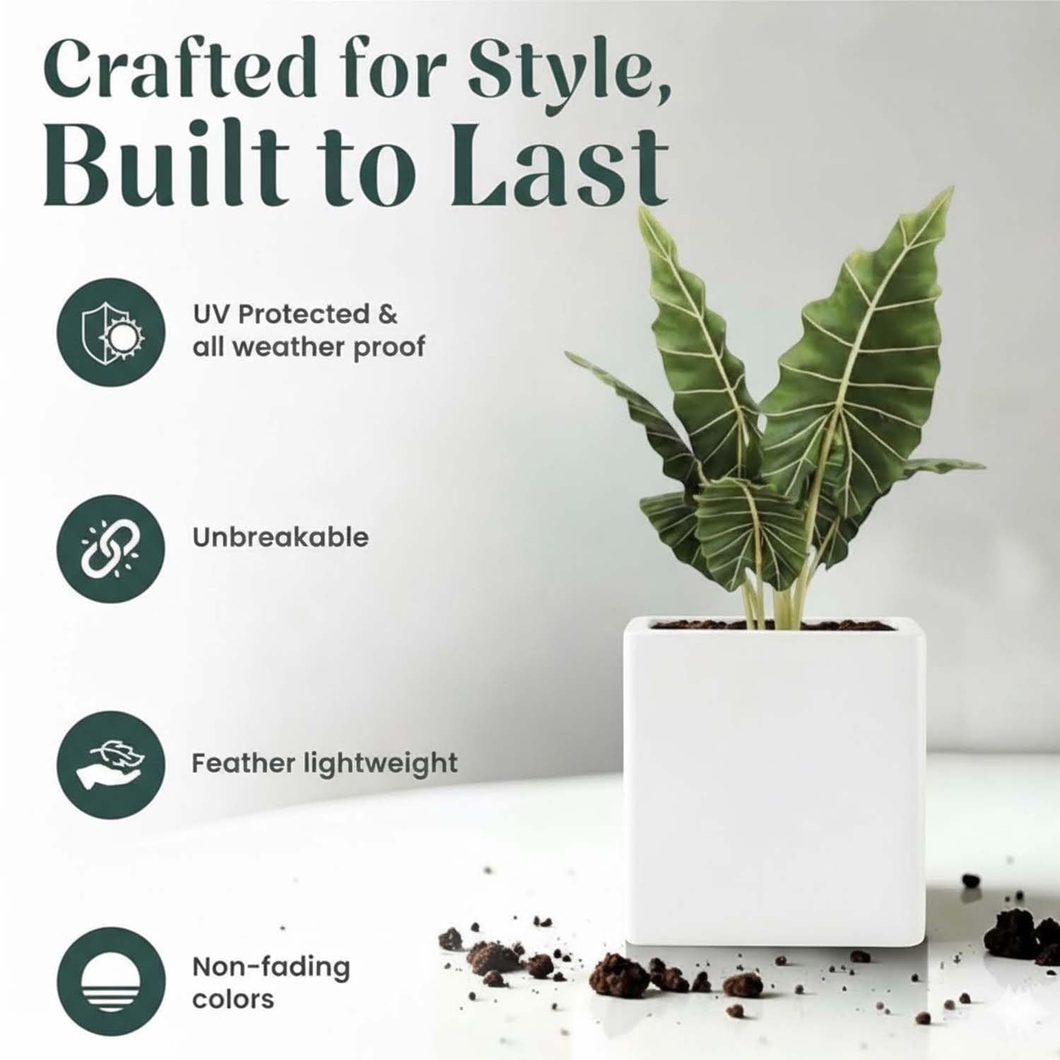 GoHooked 12-inch white polymer cube planter with a modern design, featuring UV protection and a lightweight build.