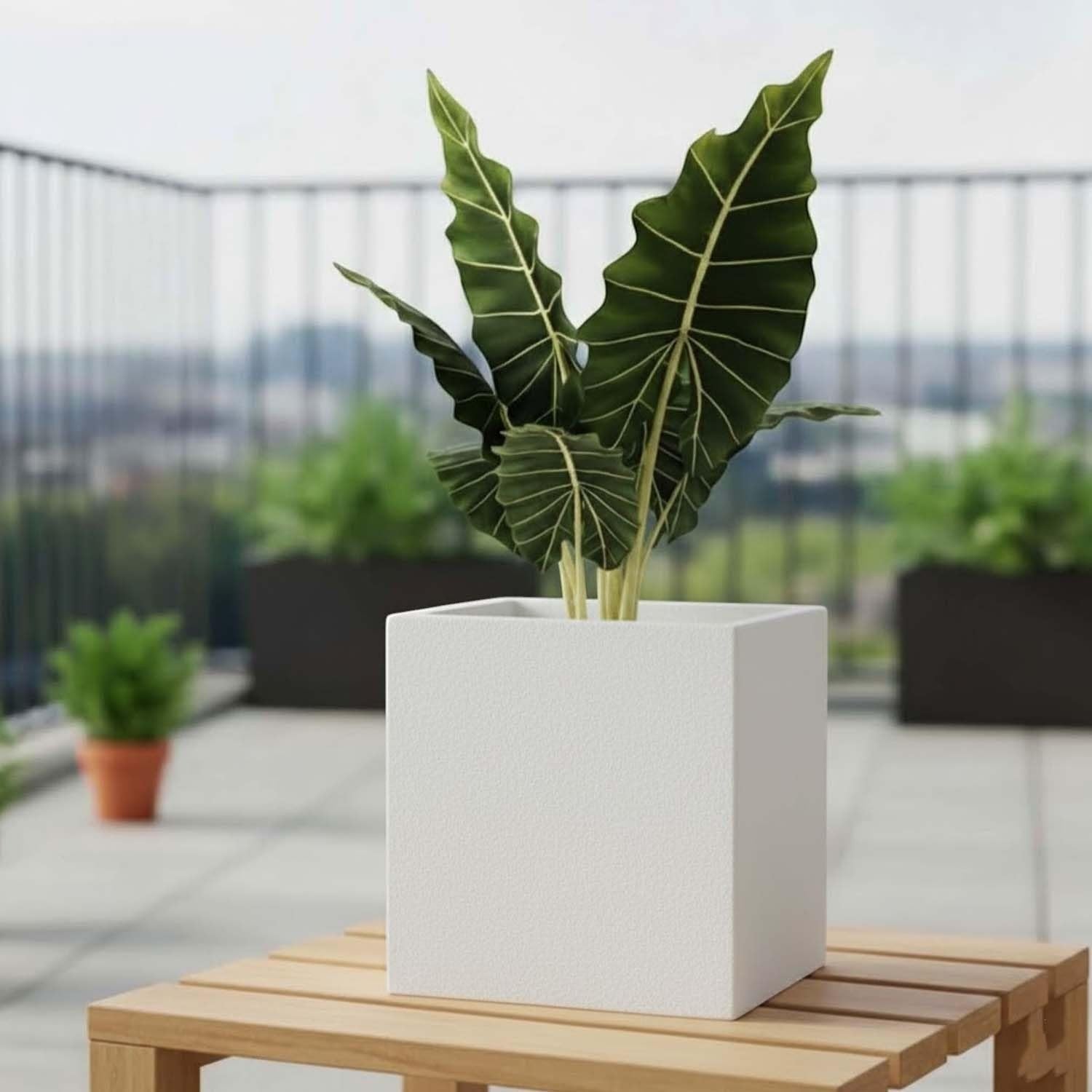 GoHooked 12-inch white polymer cube planter with a modern design, featuring a built-in drainage hole.