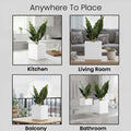 GoHooked 15-inch white polymer cube planter shown in kitchen, living room, balcony, and bathroom settings.