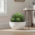 Go Hooked white polymer lotus bowl planter with drainage option holding a green succulent plant.