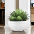 GoHooked white polymer lotus bowl planter with a large agave plant and two smaller pups. Modern design.
