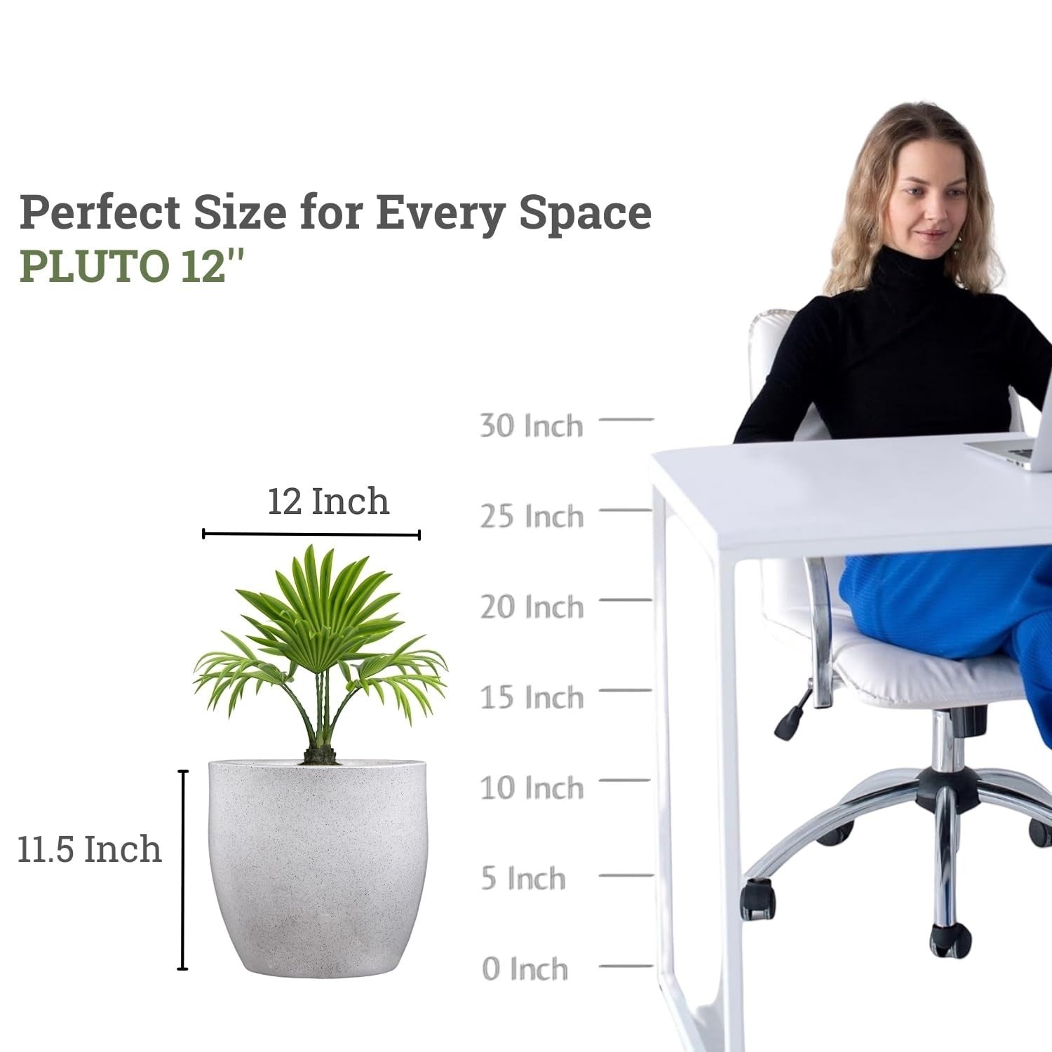 GoHooked white polymer planter, 12 inch diameter, 11.5 inch height, modern round design with speckled texture.