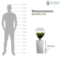 GoHooked white 18-inch tall tapered polymer planter with a speckled finish. Shows scale against a human silhouette.
