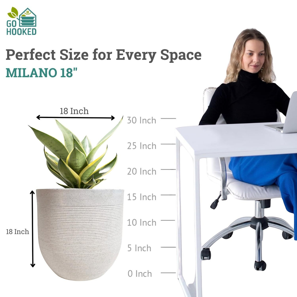 Go Hooked 18-inch white ribbed polymer planter with a snake plant, perfect for indoor or outdoor use.