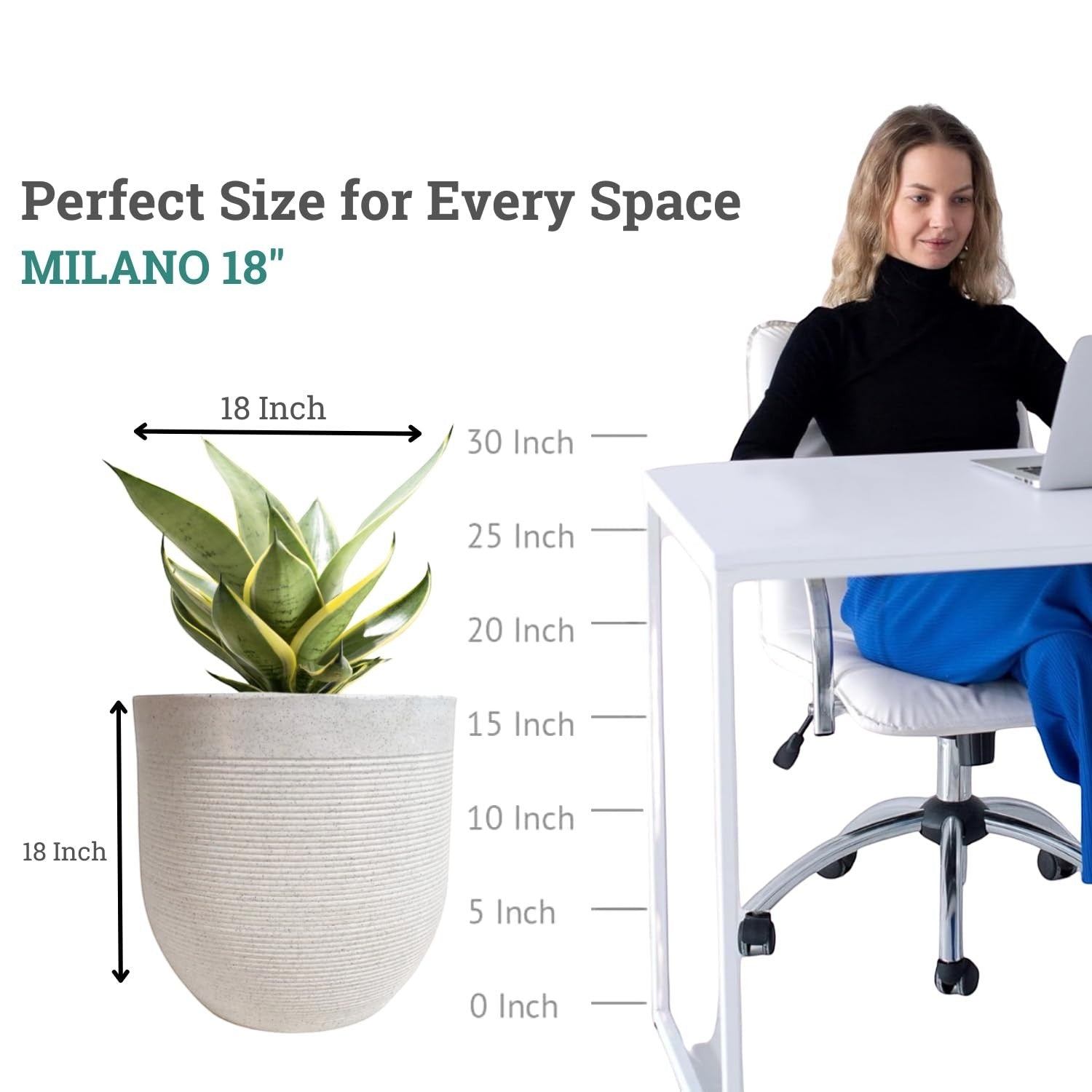 GoHooked 18 inch round white polymer planter with textured finish, holding a snake plant.