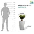 Go Hooked white 24-inch tall, 12-inch wide lightweight polymer planter with a speckled finish. Shown next to a human silhouette for scale.
