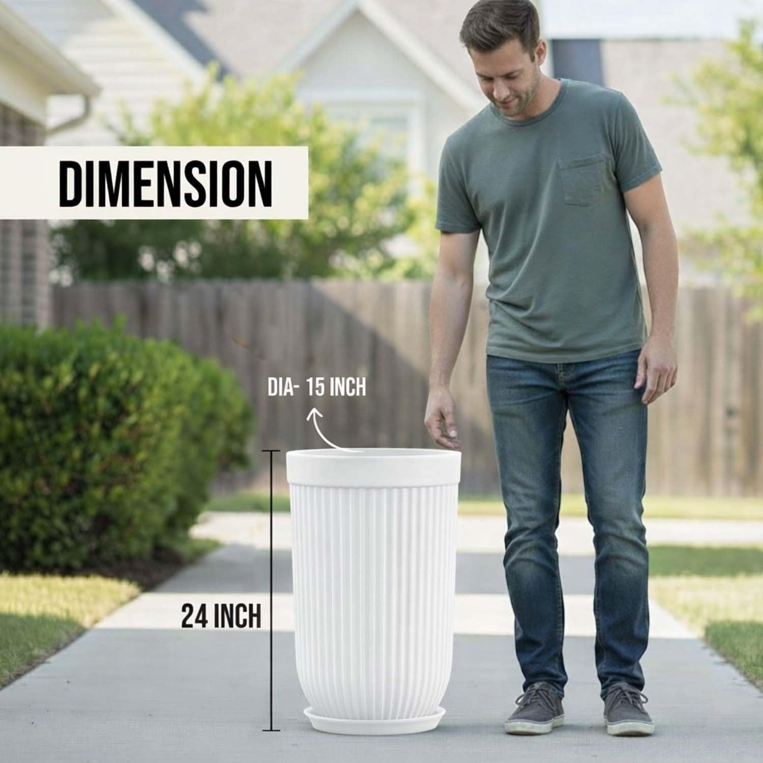 GoHooked 24-inch white ribbed polymer planter with saucer, shown next to a man for scale.