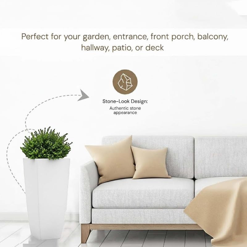 Go Hooked white polymer planter with stone-look design, 24 inches tall, perfect for indoor or outdoor use.