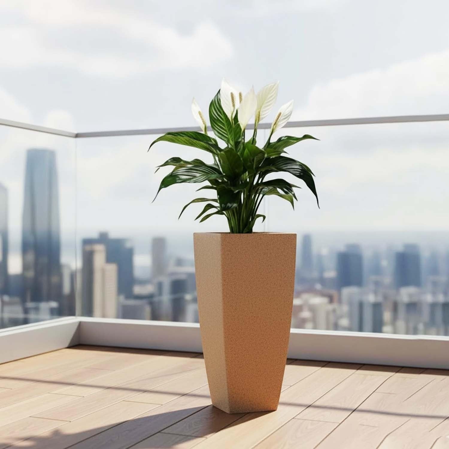 GoHooked 26-inch white polymer planter with a classic square tapered design, featuring a peace lily plant on a balcony.
