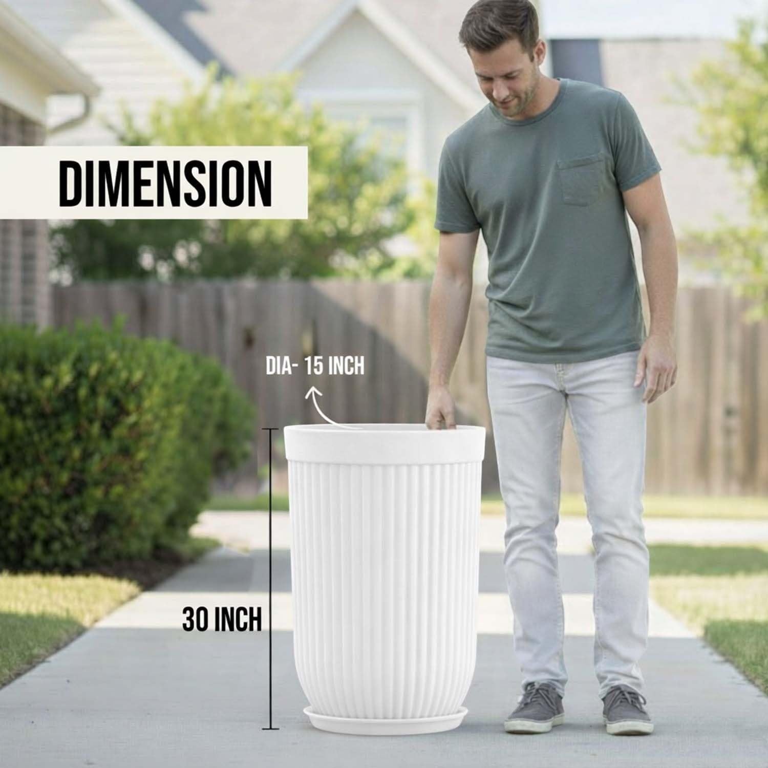 GoHooked 30 inch white polymer planter with ribbed design and matching saucer tray. A man stands next to it for scale.