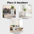GoHooked white polymer planter, 33-inch tall, modern round design with drainage hole. Shown on terrace, bathroom, and living room.
