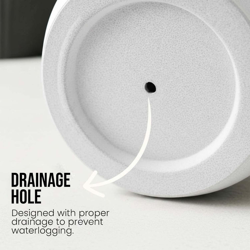 GoHooked white polymer planter with a drainage hole at the bottom for proper water drainage.