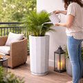 GoHooked tall white polymer planter with faceted design and matching tray, perfect for balcony or garden.