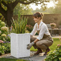 GoHooked white polymer planter with granite ribbed design, 10x16 inches, for indoor/outdoor plants.