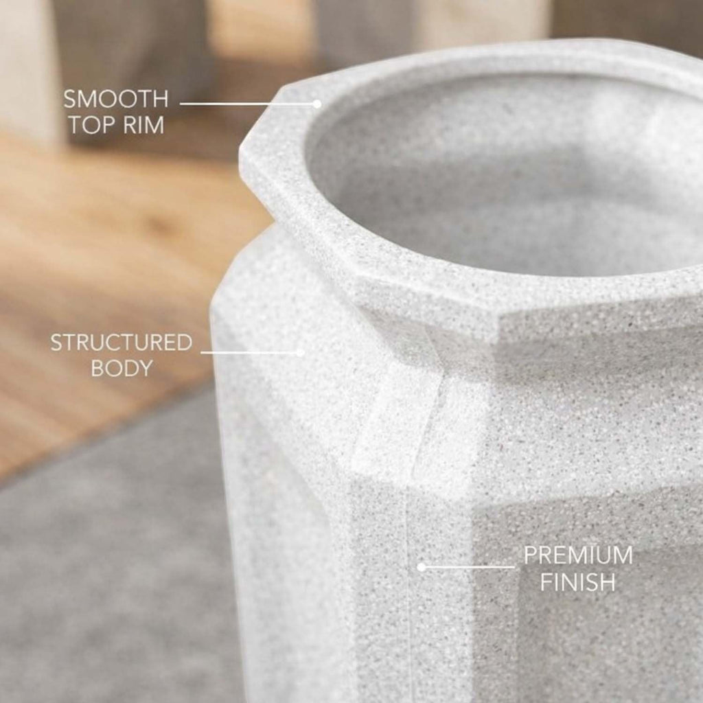 GoHooked tall white polymer planter with a marble-texture finish, featuring a smooth top rim and structured body.