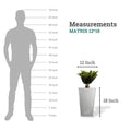 GoHooked white polymer Matrix planter, 18 inches tall, 12 inches wide, with a plant. Shows scale against a silhouette.
