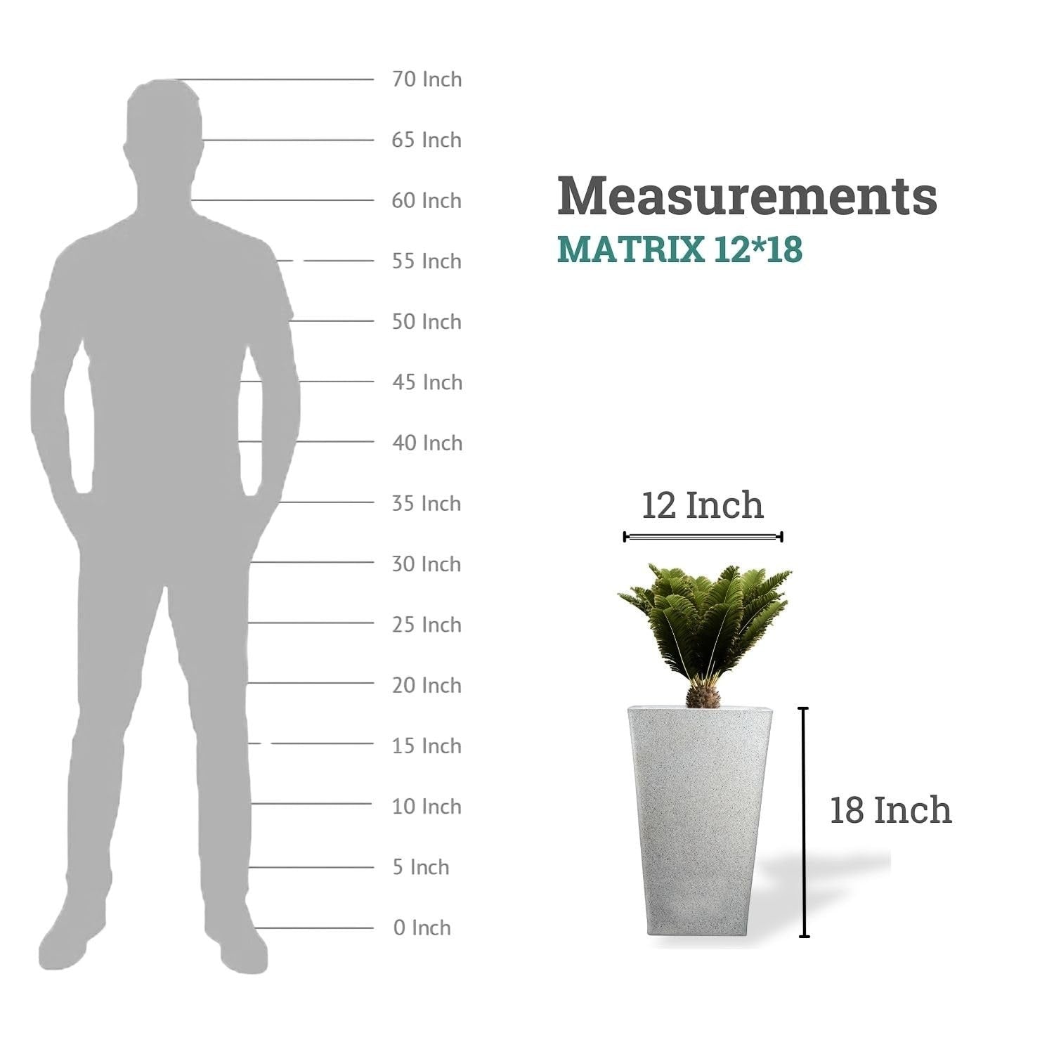 GoHooked white polymer Matrix planter, 18 inches tall, 12 inches wide, with a plant. Shows scale against a silhouette.